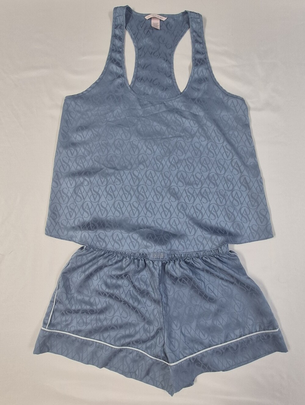 Victoria's Secret Small Satin Pajamas Sleep Shorts & Cami Blue Logo Print